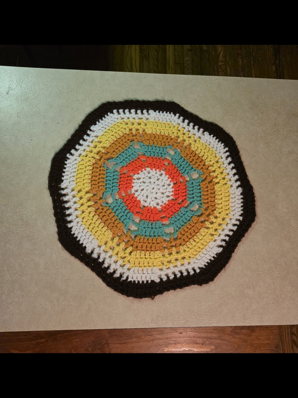 Hand-Crocheted Round Doily in Yellow, Teal, Orange & White
